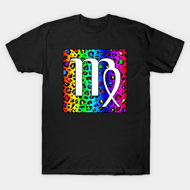 Virgo Zodiac Horoscope Rainbow Leopard Print Square Monogram T-Shirt by bumblefuzzies